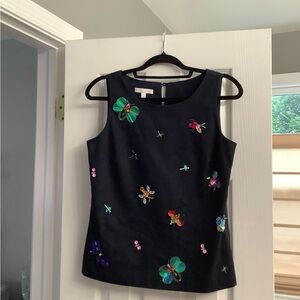 Talbots Navy Sleeveless Top with Colorful Embellishments
